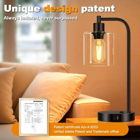 Pair Of Slick Smart Touch Table Lamps With USB C And USB A Ports And AC Outlet, 3 Way Dimmable Black Bedside Lamps With Glass Shade