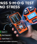 Person using NT301 Plus 2 In 1 OBD2 Scanner And Battery Tester For Cars And Trucks Code Reader with I/M readiness screen visible