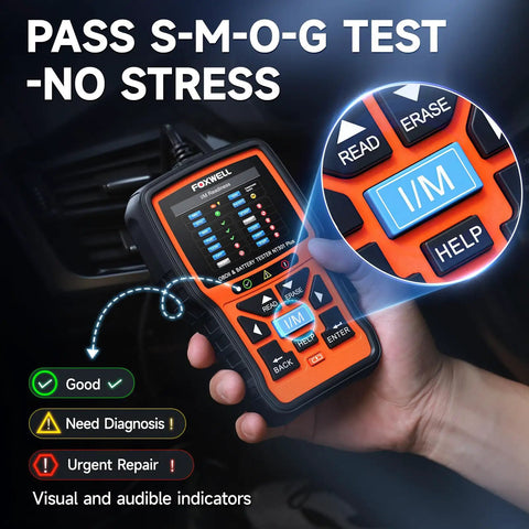 Person using NT301 Plus 2 In 1 OBD2 Scanner And Battery Tester For Cars And Trucks Code Reader with I/M readiness screen visible
