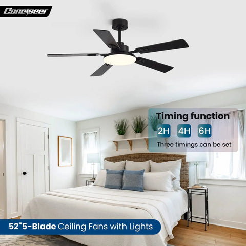 52 Inch Ceiling Fan With Lights And Remote For Bedroom Living Room Kitchen Office Indoor Outdoor Use 6 CCT Dimmable 5 Blades 6 Speed Reversible Quiet DC Motor Black Wood Grain mounted in bedroom