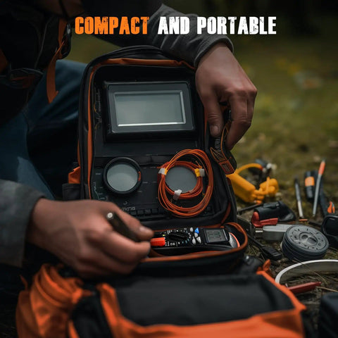 Person using Digital Multimeter Voltage Tester 2000 Counts for ACDC Voltage in a portable toolkit outdoors