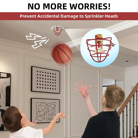 Children preventing damage to fire sprinkler heads with Built Like A Tank 1/2 Inch Fire Sprinkler Head Cage Guard Protector.
