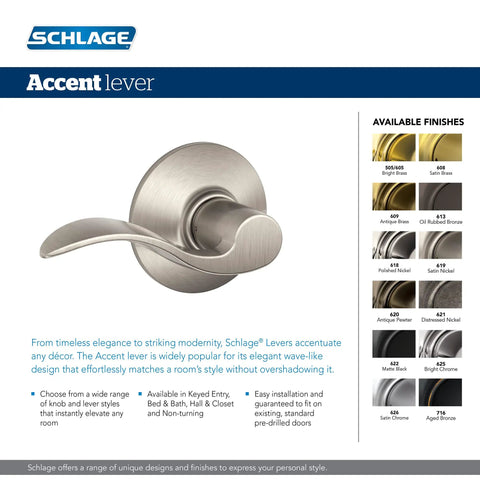 Interior view of Schlage Accent door lever with various finishes displayed on a catalog.