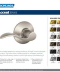 Accent Door Lever Privacy Lock for Bedroom and Bathroom in Satin Nickel Finish with Schlage branding and available finishes chart.