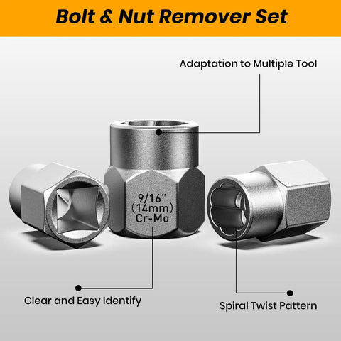Impact Bolt And Nut Remover Set Pro Grade Fourteen Piece Bolt Extractor Tool Kit for Stripped Damaged Frozen Rusted Nuts and Screws