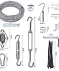 Shade Sail Hardware Kit With One Eighth Inch Wire Rope Measuring 131 Feet For Triangle And Rectangle Sun Shade Sails Outdoor Install Includes Turnbuckles Cables Hooks Clamps Thimbles All In One 243 Pieces Ready To Go with stainless steel components shown in detail layout