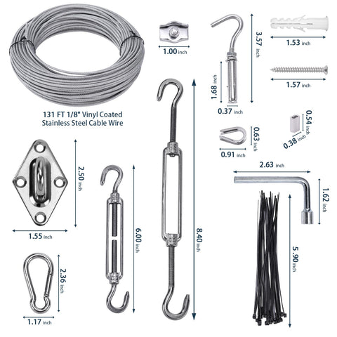 Shade Sail Hardware Kit With One Eighth Inch Wire Rope Measuring 131 Feet For Triangle And Rectangle Sun Shade Sails Outdoor Install Includes Turnbuckles Cables Hooks Clamps Thimbles All In One 243 Pieces Ready To Go with stainless steel components shown in detail layout