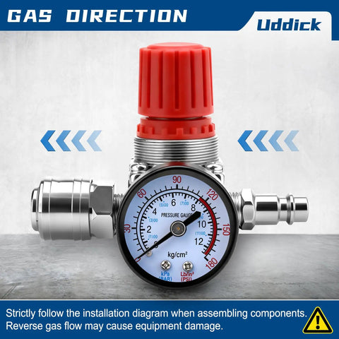 Air Compressor Pressure Regulator And Three Way Pneumatic Valve With Quarter Inch Connection, pressure gauge close-up