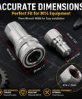 Heavy Duty Hydraulic Quick Connect Coupler M14x1.5 Female Thread Pipe Fitting Pair showing precise dimensions and wrench width.