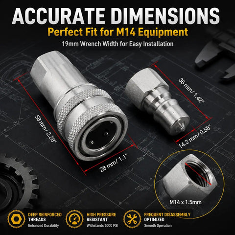 Heavy Duty Hydraulic Quick Connect Coupler M14x1.5 Female Thread Pipe Fitting Pair showing precise dimensions and wrench width.