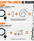 Two methods to adjust the length of Dual Pulley Weight Cable System For Home Gym Upgrade with steel rope, carabiner, chain, and tools.