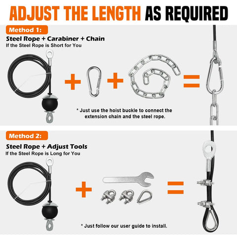 Two methods to adjust the length of Dual Pulley Weight Cable System For Home Gym Upgrade with steel rope, carabiner, chain, and tools.
