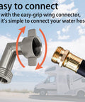 Front view of stainless steel 90-degree hose elbow with 3/4-inch GHT garden hose threaded end for RV water hoses