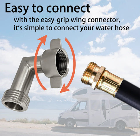 Front view of stainless steel 90-degree hose elbow with 3/4-inch GHT garden hose threaded end for RV water hoses