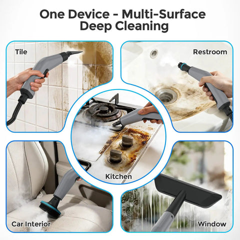 Heavy Duty Handheld Steam Cleaner For Home And Auto, No Fuss Design With Snappy 15 Second Heat Up, Roomy 1600ml Tank, High Pressure Jet To Knock Out Stubborn Grime On Tile Floors And Sofas cleaning tile, kitchen, restroom, car interior, and windows.