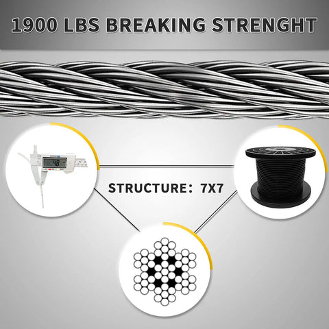 Black Vinyl Coated 304 Stainless Steel Wire Rope One Eighth Inch Bare Core Overmolded To Three Sixteenth Inch Diameter