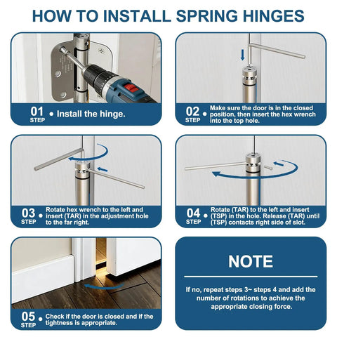 Installation steps for Self Closing 4 Inch Spring Loaded Door Hinge With Adjustable Tension Five Eighths Radius Corners Fits Front Or Back Doors Left Or Right Hand UL Listed Gloss Black.