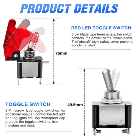 5 In 1 Rocker Switch Panel With Engine Start Button And Relay Harness detailing red LED toggle switch and safety cover.