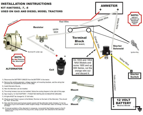 Installation instructions for Rock Solid 12Volt 75Amp One Wire Alternator Swap Kit For Ford NAAG 501 And 640 Tractors.