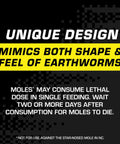 Mole Killer Worm Baits For Lawns And Yards, Mimics Mole Food To Kill With One Feeding, graphic text on black background