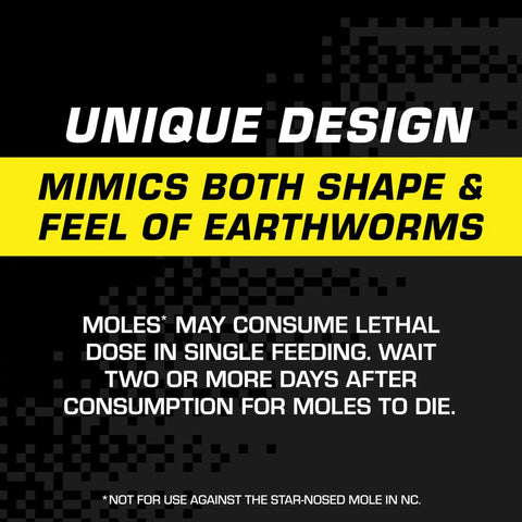 Mole Killer Worm Baits For Lawns And Yards, Mimics Mole Food To Kill With One Feeding, graphic text on black background