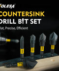 Five Piece Countersink Drill Bit Set With 82 Degree Five Flute Design Nitride Coated High Speed Steel for wood, metal, and plastic