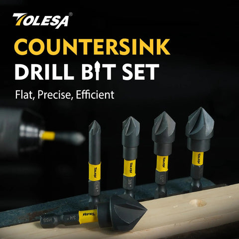 Five Piece Countersink Drill Bit Set With 82 Degree Five Flute Design Nitride Coated High Speed Steel for wood, metal, and plastic