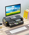Desk Organizer And Monitor Stand With Drawer And Two Pen Holders Black Space Saving Desktop Riser For Office And Dorm Room Setup