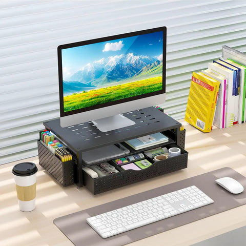 Desk Organizer And Monitor Stand With Drawer And Two Pen Holders Black Space Saving Desktop Riser For Office And Dorm Room Setup