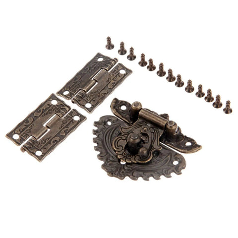 Antique Zinc Alloy Hasp Lock Set With Two Vintage Cabinet Hinges And Screws for wood boxes jewelry boxes gift boxes suitcases cabinets