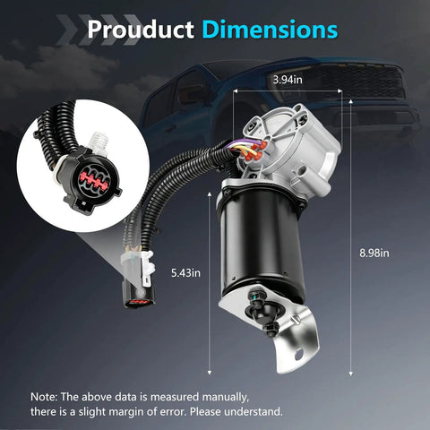 Hella Tough 4WD Transfer Case Motor Actuator Replaces YL5Z7G360AA showing dimensions 3.94in x 5.43in x 8.98in for Ford Explorer