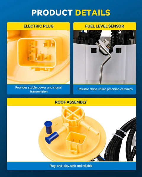 Diagram showing electric plug, fuel level sensor, and roof assembly of Plug And Play Electric Fuel Pump Assembly For Volvo XC90 2003 2014 S60 2005 2007 XC70 S80 2005 2006 Replacement FG1275 Fits 18 Gallon Tank Variants And FWD Models.