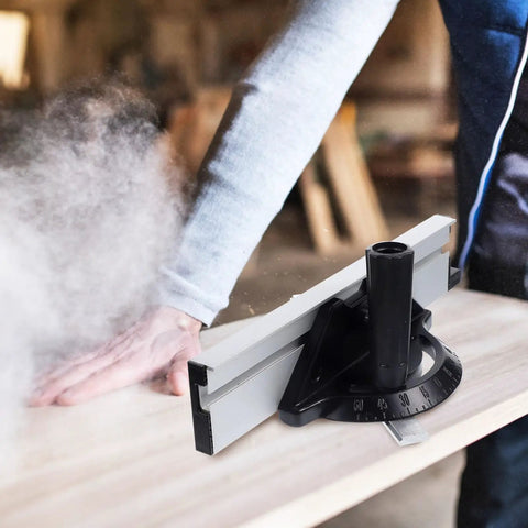 Heavy Duty Aluminum Alloy Table Saw Miter Gauge With Dead Straight Accuracy And Smooth Telescoping Arms For Rock Solid Cut Line Alignment And No Fuss DIY Woodworking in use on wood with dust.