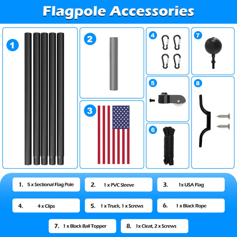 20 Ft Aluminum Flag Pole Kit With Black Ball Topper And 3x5 Embroidered US Flag For Outdoor Yard Garden Home And Commercial Use Tangle Free Flagpole Weatherproof Aluminum And Easy Assembly accessories
