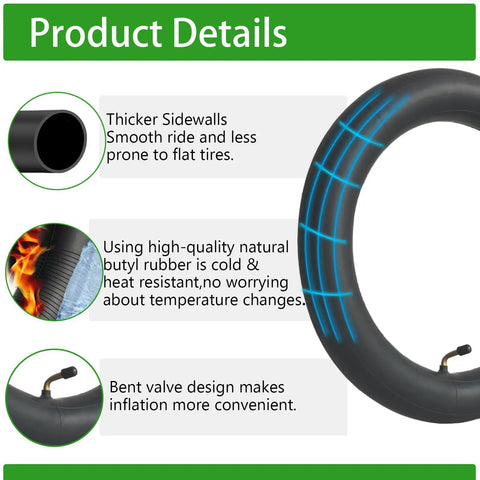 Infographic highlighting features of Two Pack 14x2.50 Inner Tubes For 14 Inch Bikes With Bent Valve Stem and reinforced thickness.