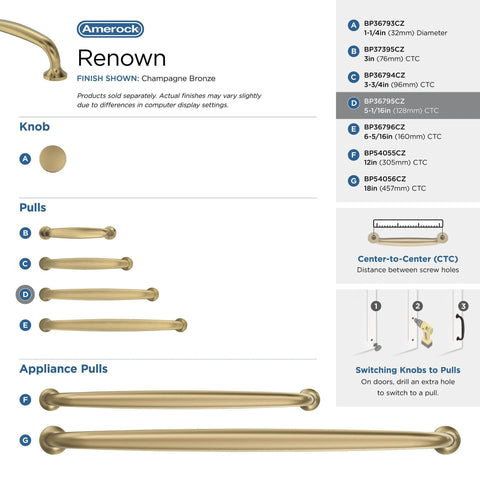 Chart showing Renown Champagne Bronze cabinet pull sizes, including the Five And One Sixteenth Inch Center To Center traditional drawer handle.