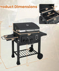 Barrel Charcoal Grill With Side Tables And Wheels, 544 Sq In Total Cooking Space, showing dimensions and structure, ideal for patio and camping