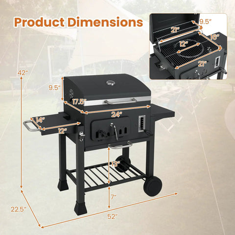 Barrel Charcoal Grill With Side Tables And Wheels, 544 Sq In Total Cooking Space, showing dimensions and structure, ideal for patio and camping