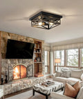 Living room with 2 Pack Rustic Flush Mount Ceiling Light Fixtures With Industrial Metal Cage Design, warm farmhouse style decor.