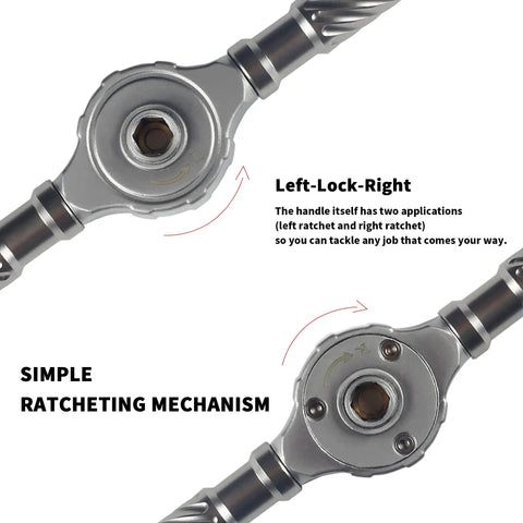 Simple ratcheting mechanism of the 30 In 1 T Type Ratcheting Screwdriver Set With Magnetic Driver Kit, showing left-lock-right positions.