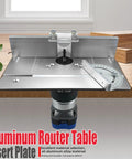 Pro Grade Aluminum Router Lift Kit With Buttery Smooth Rotating Insert Plate For Dead Nuts Accurate Woodworking Carving And Milling Zero Sweat Setup on a router table.