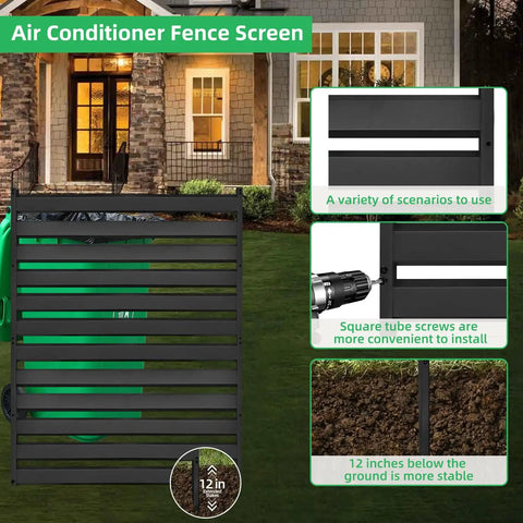 38 Inch Wide By 42 Inch High Air Conditioner Fence Screen Three Panel Outdoor Enclosure For Pool Equipment And Trash Can Privacy Fencing Panels Made From Weather Resistant Metal For Backyards And Patios, shown with installation tips against a house backdrop.