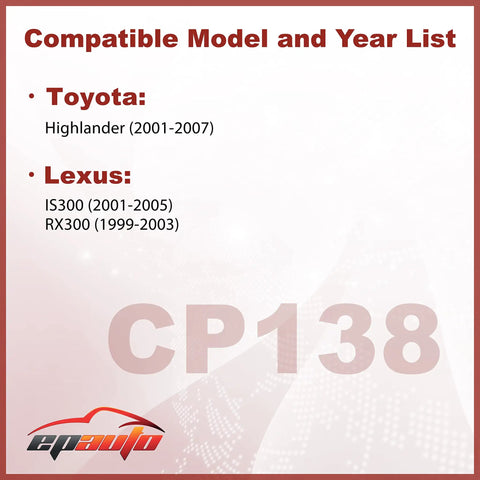 Compatibility chart for Premium Cabin Air Filter With Activated Carbon Replacement For Toyota Highlander 2001-2007, Lexus IS300 2001-2005, RX300 1999-2003.