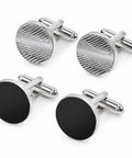 Two Pair Silver Plated French Cufflinks For Men Highlighting Smooth Black Enamel Disks And Crisp Grid Mesh Patterns.