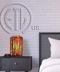 Natural Pink Himalayan Salt Lamp With Dimmer Forest Salt Crystal Night Light in red metal basket on bedroom nightstand