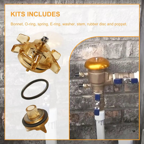 Image showing Bonnet And Poppet Repair Kit For 765 Pressure Vacuum Breaker Backflow Preventer One Half To Three Quarter Inch Easy Fix and installed on pipe.