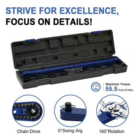 Badass 19 Piece Pro Offset Extension Wrench Set With Heavy Duty Impact Extender And Precision Socket Kit For Cramped Close Fit Fasteners With No Sweat One Step Tightening in storage case with max torque details.