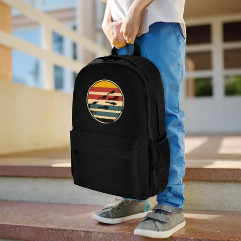 Retro Scuba Dive Style 16 Inch Laptop Backpack With Large Capacity Daypack, black with colorful logo in outdoor setting.