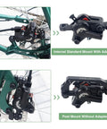 WEEROCK MTB hydraulic brake caliper with 160mm rotor, black aluminum alloy; right-rear mount on green mountain bike