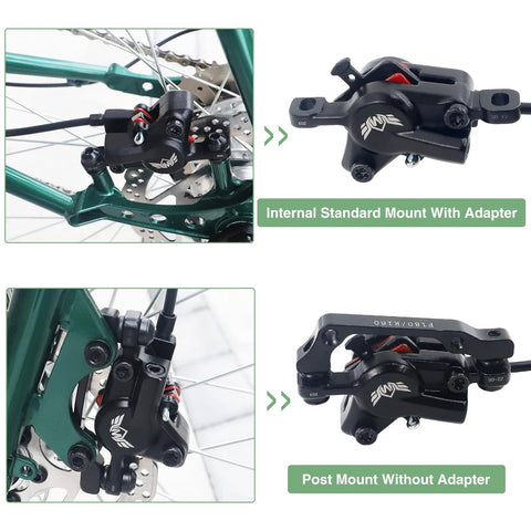 WEEROCK MTB hydraulic brake caliper with 160mm rotor, black aluminum alloy; right-rear mount on green mountain bike